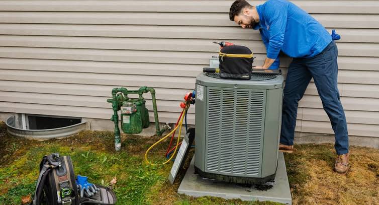 HVAC technician in a blue shirt servicing an outdoor condenser beside a home